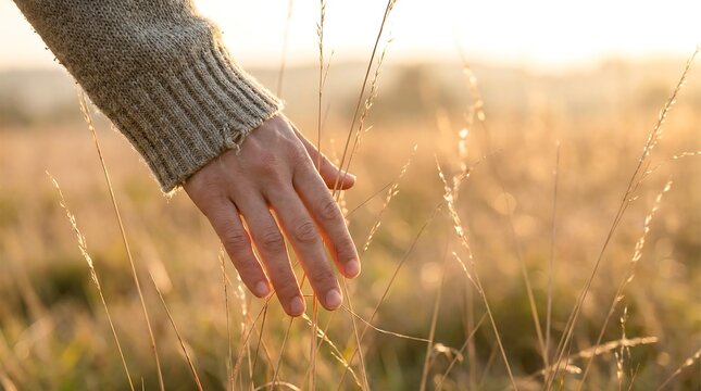 Woman hand touching dry grass during golden hour. Connection with nature, peace, freedom, harmony, relaxation and wellness concept.