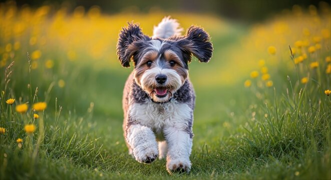 Small dog running in green meadow with yellow flowers