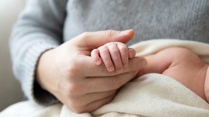 Woman holding a newborn hand. Concept of new life, motherhood, and family love. For baby shower, Mothers Day.