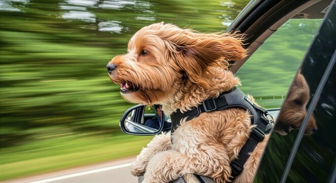 Dog enjoying car ride with head out of window on a green road