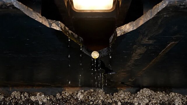 Cinematic Close Up of Water Leaking from Dark Industrial Structure