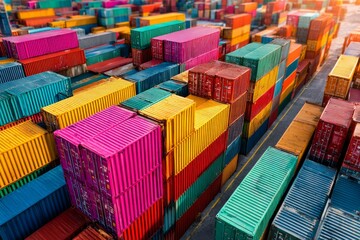Fototapeta premium Aerial View of Colorful Shipping Containers Organized in a Neat Row
