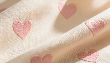 Soft Embroidered Pink Hearts on Beige Fabric Background, Romantic Valentine&rsquo;s Day Textile for Wedding, Love Branding, Gift Wrap and Cozy Aesthetic Design.