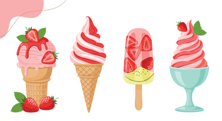A delicious set of four different strawberry ice cream desserts including cones a popsicle and a sundae on white background.