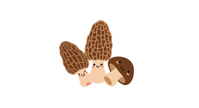 A cute group of three kawaii-style morel mushrooms with happy smiling faces perfect for a charming woodland design.