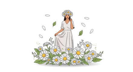 Obraz premium Woman Wearing Daisy Flower Crown in Blooming Daisy Garden Vector.eps