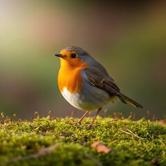 Obraz premium A robin stands on a mossy forest floor, surrounded by blurred greenery, in a serene natural setting.