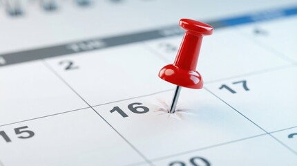 Red push pin piercing the sixteenth date on a paper calendar close-up with copy space for deadline reminder concept.