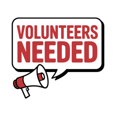 A red and white megaphone announces 'Volunteers Needed' in a speech bubble.