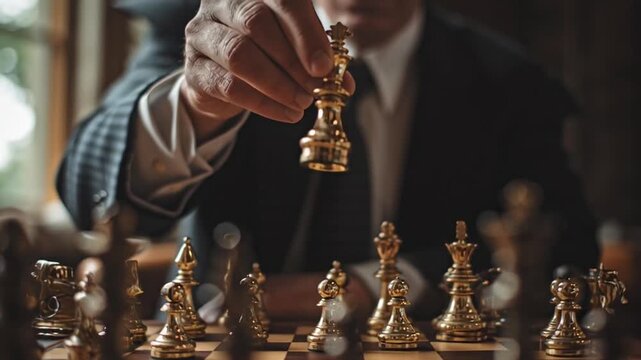 Man Making Strategic Chess Move Closeup.