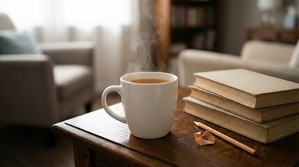 Fototapeta premium Steaming white mug of hot beverage next to a stack of vintage books on a rustic wooden table in a cozy interior with copy space for relaxation and reading concept.