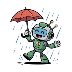 A cheerful robot walks happily under an umbrella during a rain shower.