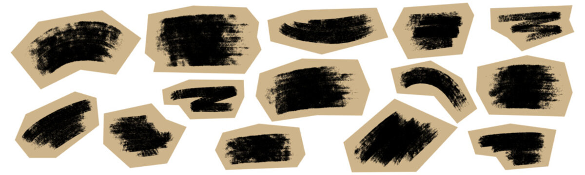 Bold black crayon strokes and charcoal textures in grunge scrapbook style. Vector set of cutout paper stickers with abstract scribbles for zine, craft, journal, and creative nursery design.