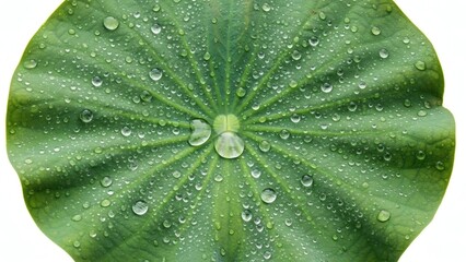 Vibrant green lotus leaf with glistening water droplets, a serene close-up highlighting intricate natural patterns and delicate beauty against a pristine white backdrop