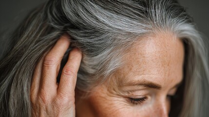 Fototapeta premium Close up of person touching hair showing grey streaks from natural aging process in a relaxed setting