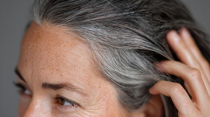 Fototapeta premium Close up view of person touching hair with gray streaks showing signs of natural aging and the changes in hair color over time