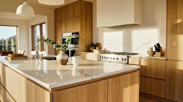 A modern kitchen with wooden cabinets and white countertops, featuring a vase with flowers and a knife block, with a view of the outdoors through a window