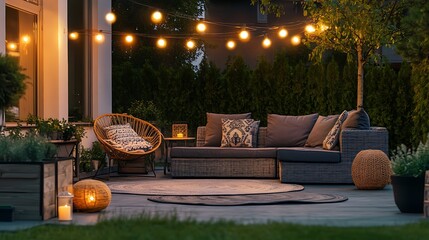 Outdoor patio scene at night with string lights and comfortable seating