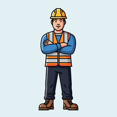Construction worker in safety vest and hard hat, arms crossed