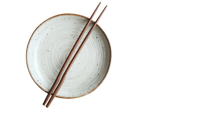 Top view of ceramic plate with chopsticks on transparent background