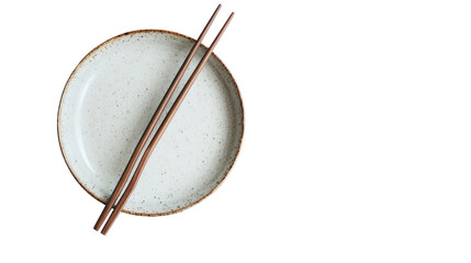 White ceramic plate with chopsticks, asian dining, top view, isolated on transparent background