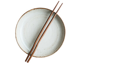 Top view of ceramic plate with chopsticks on transparent background