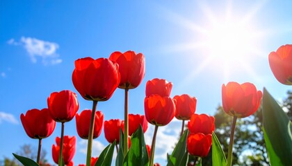 Obraz premium Vibrant Red Tulips Reaching Towards the Bright Sun in a Clear Blue Sky, Springtime Blooms.