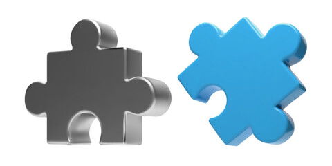 Fototapeta premium Blue metal 3D puzzle piece icon set. Jigsaw for team business solution. Connect and join for cooperation strategy. Isometric render with chrome and plastic. Build solution with creative mind work