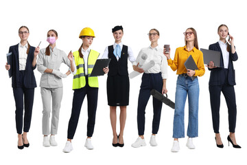 Obraz premium Choice of profession. Same woman representing different occupations. Collage of portraits on white background