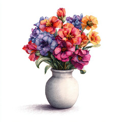 Obraz premium Hand-drawn colored pencil illustration of a vibrant floral bouquet in a white ceramic vase