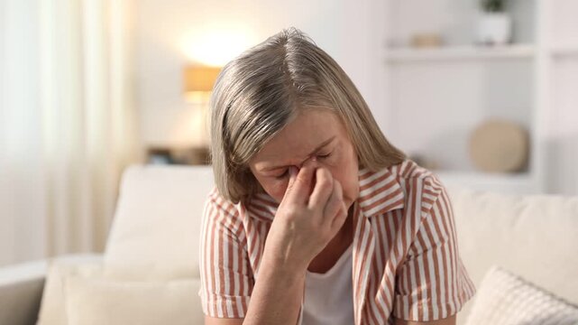 Unhappy senior woman feeling fatigue at home