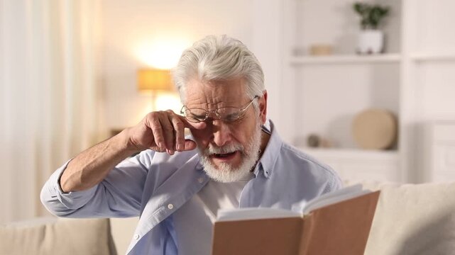 Unhappy senior man with book feeling fatigue at home