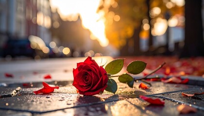 Vibrant Red Rose on Pavement - A Poetic Scene of Beauty and Nature.