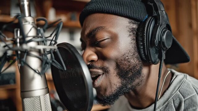 Man Recording Music in Studio with Headphones.