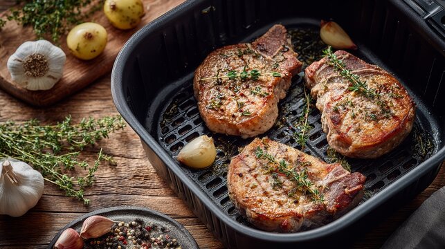 Cooking juicy pork chops in an air fryer with garlic and thyme for a protein-rich dinner