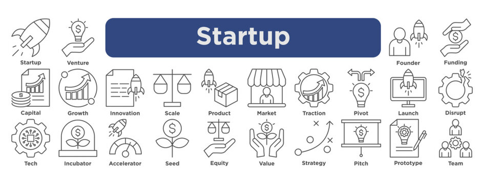 startup icon set featuring venture, founder, funding, innovation and value. vector illustration editable