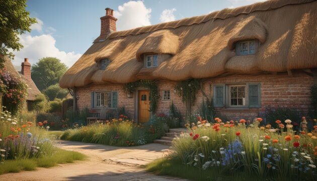 Traditional British cottage with straw roof and garden,  english country house, aspley guise,  milton keynes
