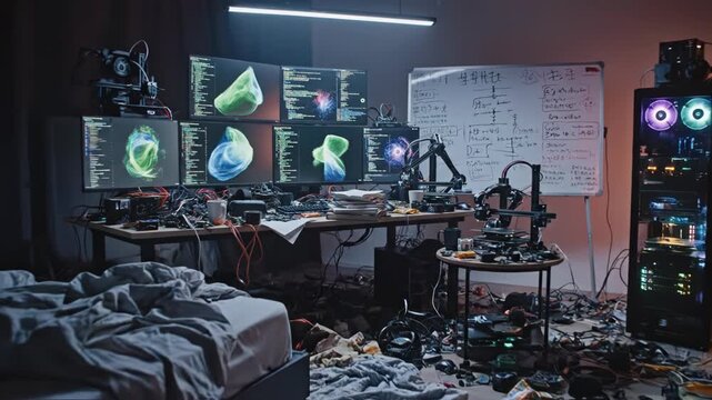 Cluttered desk with computer monitors displaying 3d modeling software and coding screens