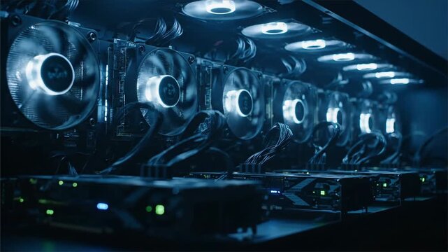 Powerful GPU fans rotating rapidly to cool parallel graphics cards inside a cryptocurrency mining rig with neon blue light.