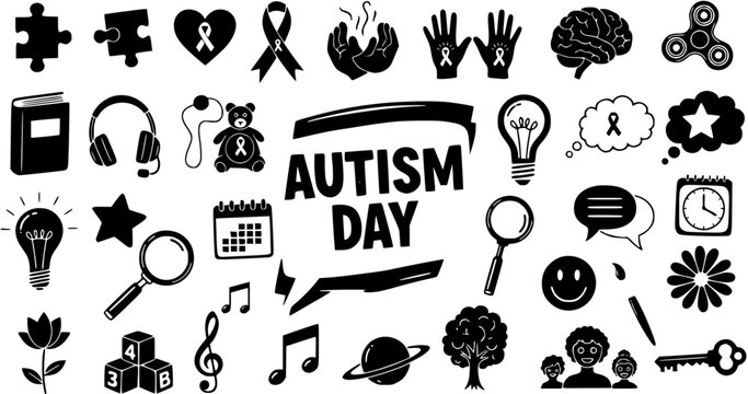 Autism Awareness Day Black and White Glyph Vector Icons Set. Collection of Symbols for Special Needs, Healthcare, and Education Support.