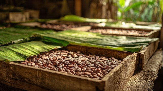 Fermentation of cocoa beans in wooden boxes on blurred background