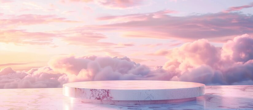 A marble podium against a pastel sky filled with fluffy clouds during a soft sunset