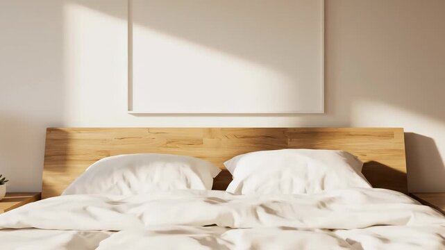 Cozy bedroom interior with wooden bed frame and white bedding