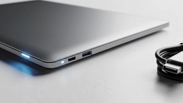 Closeup of a usb cable plugged into a laptops usb port on a white surface with a blurred background