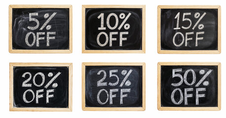 set of 6 price cut discount written in blackboard with chalk