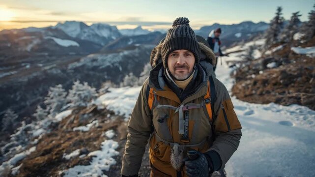 Hiker with backpack on winter mountain snow trail at sunrise and sunset wearing knit hat jacket