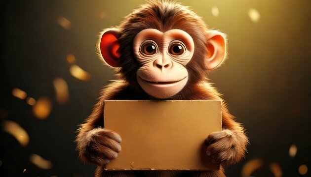 Adorable monkey holding a blank sign with a warm smile.