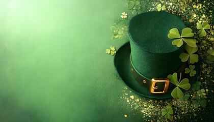 Green leprechaun hat, clover, green background.