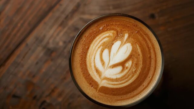 Latte art heart floral pattern creamy cappuccino coffee with heart shaped foam and milk wooden table
