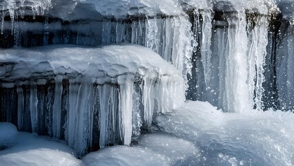 Frozen waterfall with icicles and snow in winter landscape, purpose for background